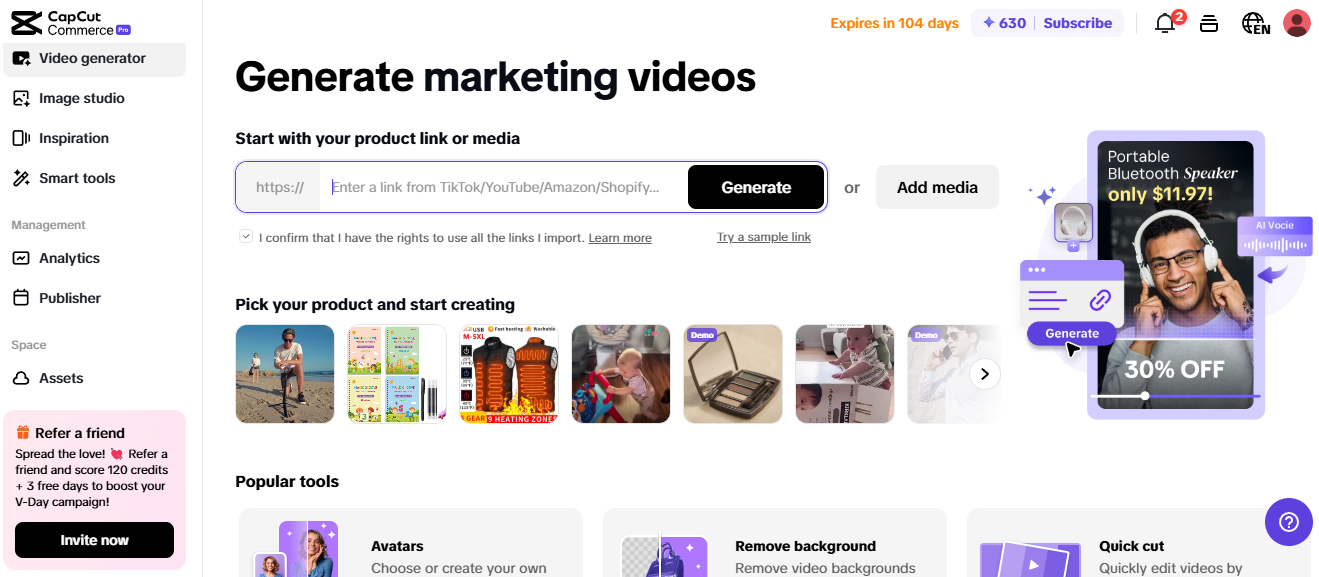 Pippit interface for creating marketing videos, featuring AI tools for building a digital brand.